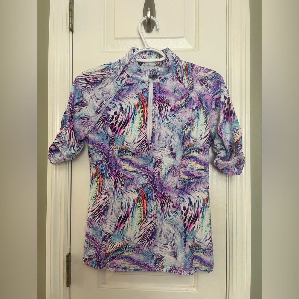 TZU TZU Sport Abstract Print Samba Shortsleeved Polo Shirt Golf Small b6